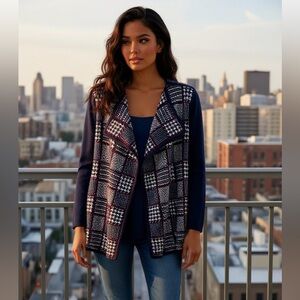 Talbots Pure Merino Wool Navy Plaid Open Front Cardigan Casual Size Medium